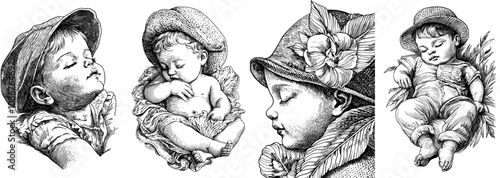 Animated sketch engraving of a sleeping baby wearing a hat, reminiscent of an infancy sketch engraving as a generative illustration. Scratchboard likeness in black and white.