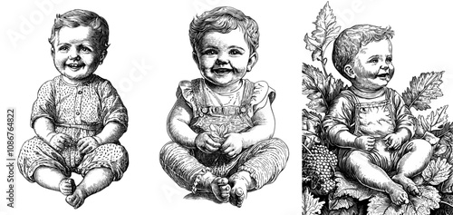 An illustration of a smiling happy baby sitting on a scratch board, capturing the joy and innocence of early childhood. Sketch engraving is used as a component of generative stock illustration.