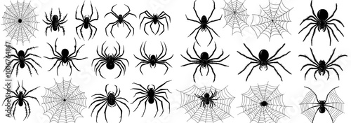 Halloween Spiders Hanging From Their Web, clean, simple black