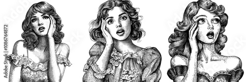 Black and white illustration of a young woman with an excited and cheerful expression, dynamic energy and joy. Scratch-board imitation.
