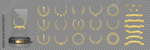 Glass award trophy vector set. Collection of 3d realistic crystal mockup prize for winner with number 1, different gold laurel wreath, ribbons and crowns on transparent background.