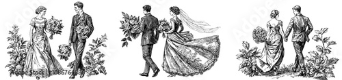 A couple in formal wedding attire with vintage style and elegance, in a sketch engraving generative AI illustration. Scratchboard. Black & white.