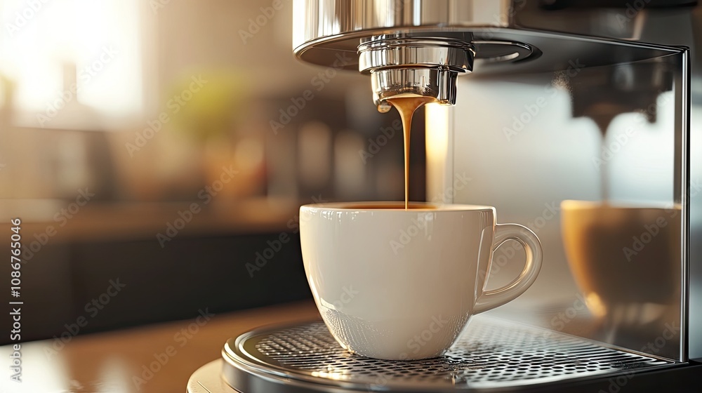 A close-up of a steaming espresso machine pouring rich coffee into a white cup, capturing the essence of a cozy morning. A close-up of a steaming espresso machine pouring rich coffee into a white cup, capturing the essence of a cozy morning.