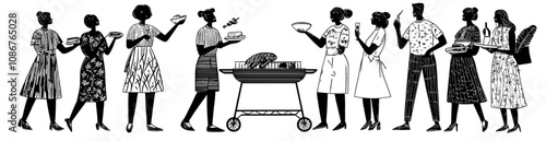 Summer barbecue party with friends grilling meat, eating food, drinking. Humorous people cooking BBQ outdoors. Couples and men at a BBQ. Isolated modern flat illustration.