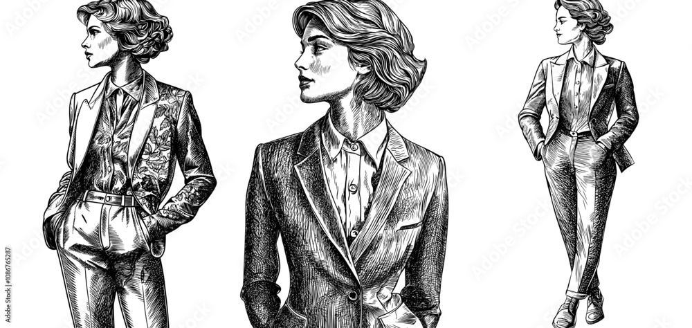 Fototapeta premium Fashion sketch engraving generative ai fictional character illustration. Woman wearing a suit and hands in pocket. Black and white image.