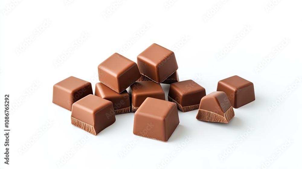 A delightful assortment of smooth, rich chocolate cubes arranged artistically on a clean white background. A delightful assortment of smooth, rich chocolate cubes arranged artistically on a clean white background.