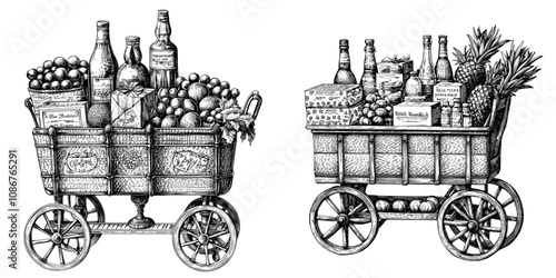 Full loading shopping cart with groceries, including fruits, beverages, and packaged goods sketch engraving generative illustration. Scratch board imitation. Black and white.