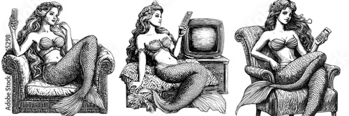 Black and white illustration of a mermaid underwater, using a remote control to watch a vintage television with antenna, sea plants sketch engraving generative AI character illustration. Scratch