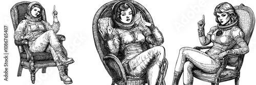 Sketch engraving illustration with generative ai in a retro-style space helmet. Scratch board imitation. Black and white.