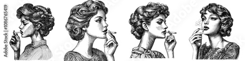 The image features a woman smoking a cigarette, classic glamour with bold makeup, curls, retro style sketch engraving and generative ai illustrations of fictional characters. Black and white image.