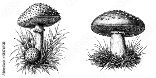 This is a black-and-white image of an amanita fly agaric mushroom with a spotted cap growing in grass. This is a retro-styled, nature-inspired sketch engraving generative ai illustration.