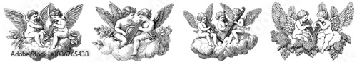 A cherub angel with wings play a harp while on a cloud, styled in a retro sketch engraving generative AI illustration. Copy of a scratch board. Black and white.