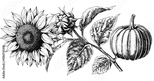 A doodle of fall leaves, sunflowers, and pumpkins. Autumn nature elements. Hand drawn illustration background. Maple, oak, and rowan leaves.