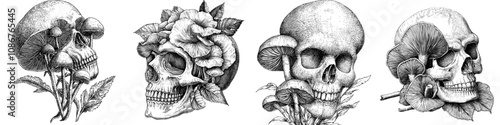 In this sketch engraving generative ai modern illustration, a human skull with mushrooms growing inside is combined with surreal imagery, evoking macabre, surreal imagery. Scratch board imitation.