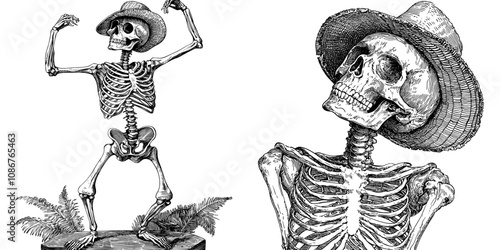 Shirtless skeleton in a dance pose. Sketch engraving generative AI modern illustration. Scratchboard imitation.