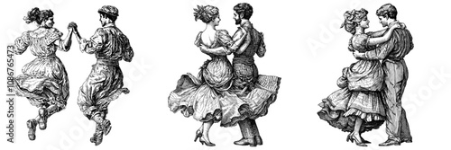 Couple dancing close together, classic vintage attire sketch engraving generative AI character modern illustration. Black and white.