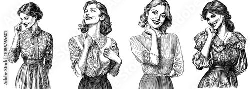 Sketch engraving illustration of a pretty young woman flirting with her little finger. Scratch board imitation in black and white.