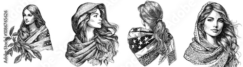 Women draped in the American flag, serene and patriotic expression in vintage-style artwork sketch engraving generative AI illustration. Scratch board imitation. Black and white image.