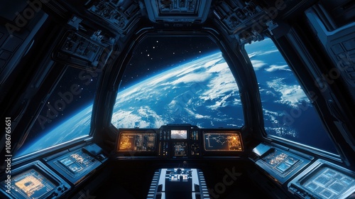 Fototapeta Naklejka Na Ścianę i Meble -  A stunning view from the cockpit of a futuristic spacecraft, revealing Earth against a backdrop of space.