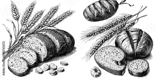 In black and white, an illustrated sketch engraving illustrates sliced bread and wheat sheaves, emphasizing traditional bakery and agriculture themes.