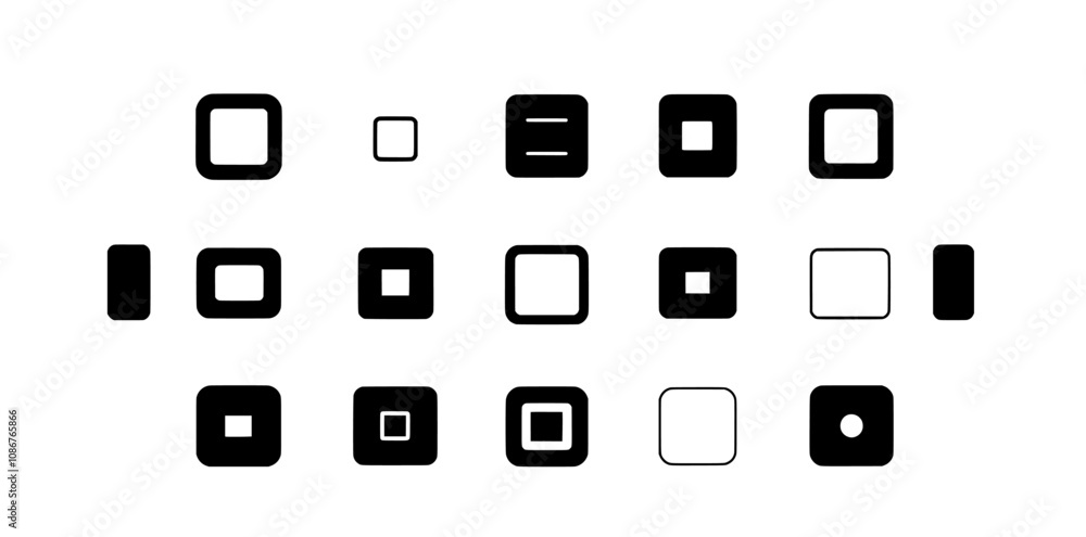 Modern black squares in different styles - Rounded squares - Flat and outline shapes isolated on a transparent background Modern black squares in different styles - Rounded squares - Flat and outline shapes isolated on a transparent background