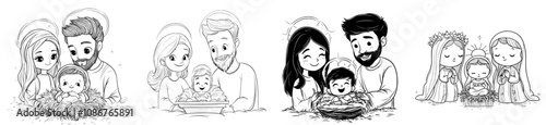 Modern cartoon sketch of mary and joseph with baby Jesus