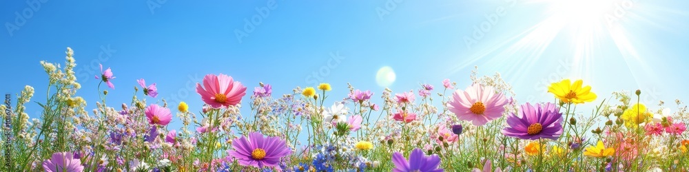 Vibrant Colorful Wildflower Meadow with Bright Blue Sky and Sun Rays Vibrant Colorful Wildflower Meadow with Bright Blue Sky and Sun Rays