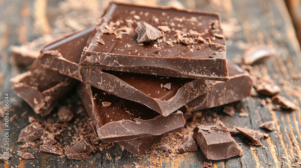 An enticing close-up of dark chocolate squares stacked on a rustic wooden table, accompanied by scattered chocolate shavings showcasing texture and richness. An enticing close-up of dark chocolate squares stacked on a rustic wooden table, accompanied by scattered chocolate shavings showcasing texture and richness.