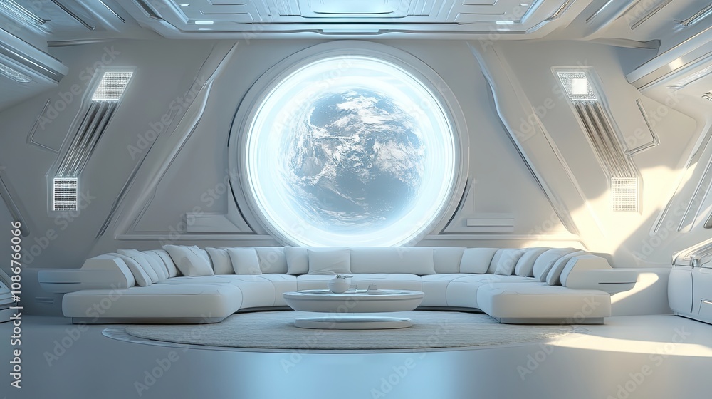 Futuristic living space with a stunning view of Earth through a large circular window. Futuristic living space with a stunning view of Earth through a large circular window.