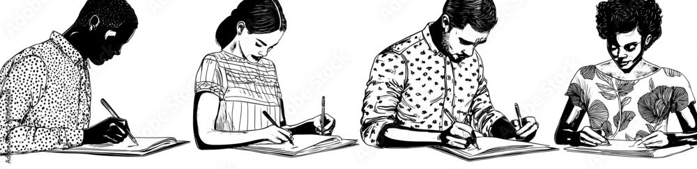 Fototapeta premium Illustration showing editors, copywriters, students, students writing, studying, taking notes. Editors thinking, editing grammar. On white background.
