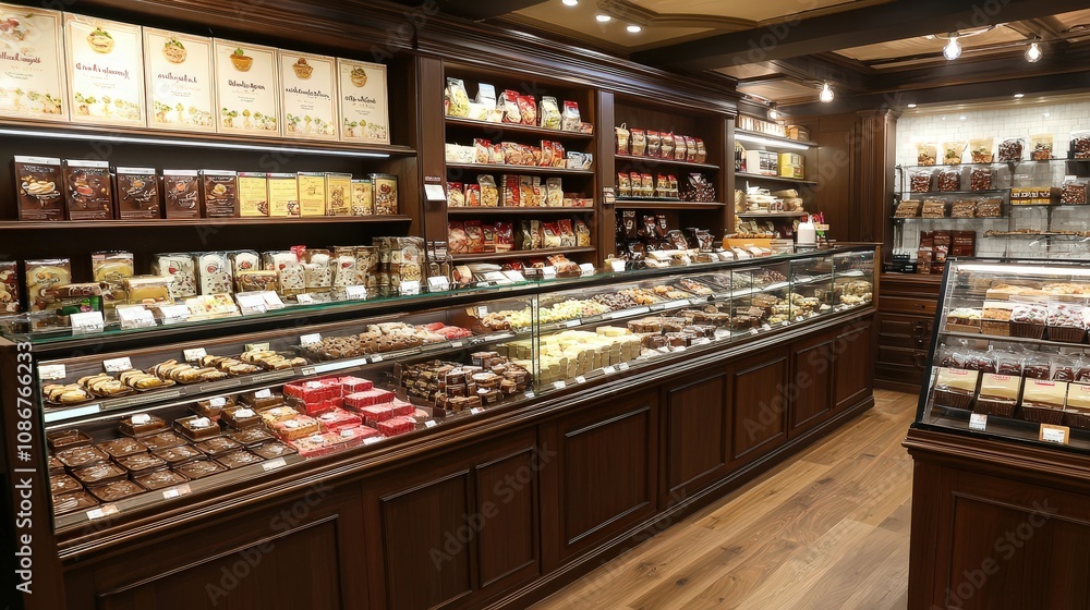 Fototapeta premium The inviting interior of a lavish chocolate shop, featuring polished wooden shelves laden with an array of confectioneries, candies, and artisan treats.