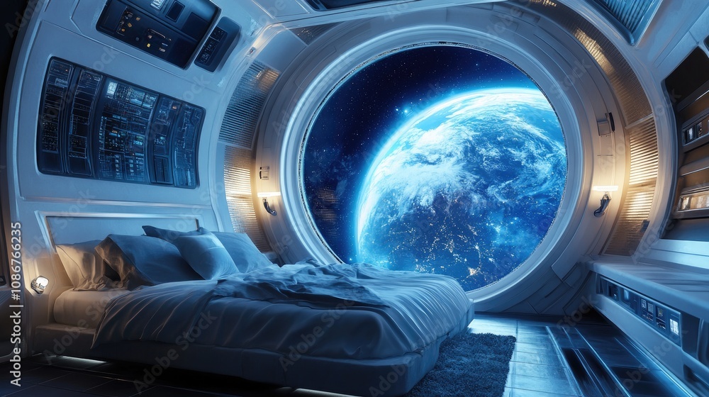 A serene bedroom with a large window showcasing a breathtaking view of Earth from space. A serene bedroom with a large window showcasing a breathtaking view of Earth from space.