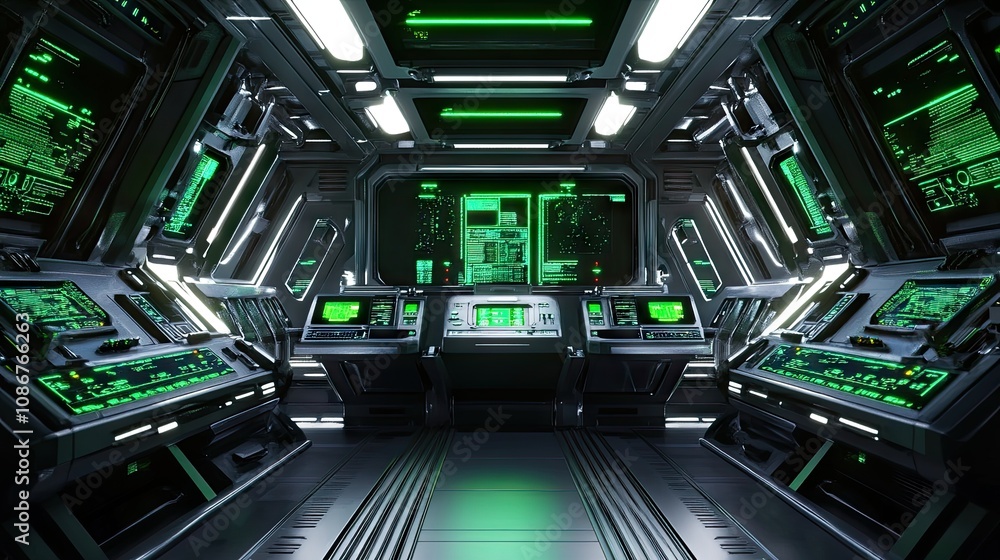 Fototapeta premium Futuristic control room with green neon lights and advanced technology displays.
