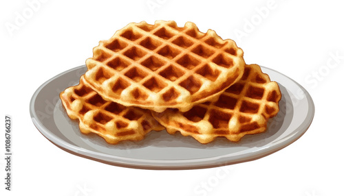 Belgian waffles on a plate isolated on a transparent background.