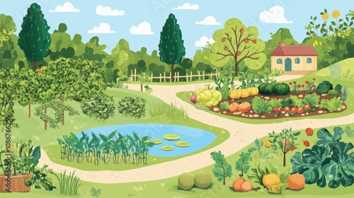 Vibrant and Serene Garden Landscape with Vegetables, Fruits, Trees, and a Tranquil Pond Under a Blue Sky with Fluffy Clouds in a Sunny Setting
