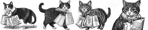 Playful cat inside a Christmas shopping bag, tail peeking out. Cute playful funny curious cat exploring a holiday gift in the snow. Comic humor behavior. Flat modern illustration isolated on white.