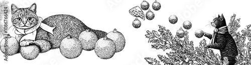 Funny kitty building snowmen, Christmas holidays, outdoor activity. Happy funny kitty, cool winter time. Flat modern illustration isolated on white.