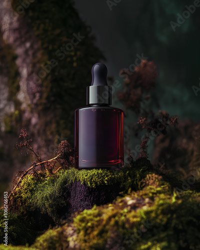 A close-up shot of a red bottle mockup placed in a forest. The soft lighting highlights the bottle's minimalist design photo