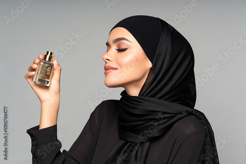 gorgeous hijabed model holding flowers and bottle of cosmetic serum isolated on grey background. ads photography, gracefully, charming, beautiful photo