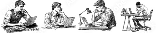 Employee on laptop with tired and frustrated expression. Fatique sad bored confused worker on computer. Apathy, disinterest, frustration at work, workplace. Flat modern illustration isolated on