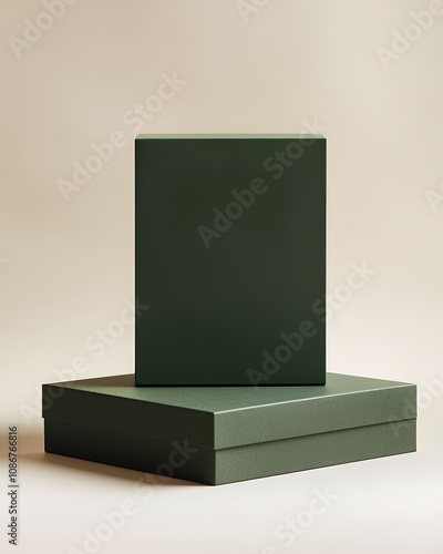 A clean and minimalistic presentation mockup of two green boxes placed on a beige background. The soft lighting emphasizes the natural tones and elegant packaging, perfect for eco-conscious and modern photo