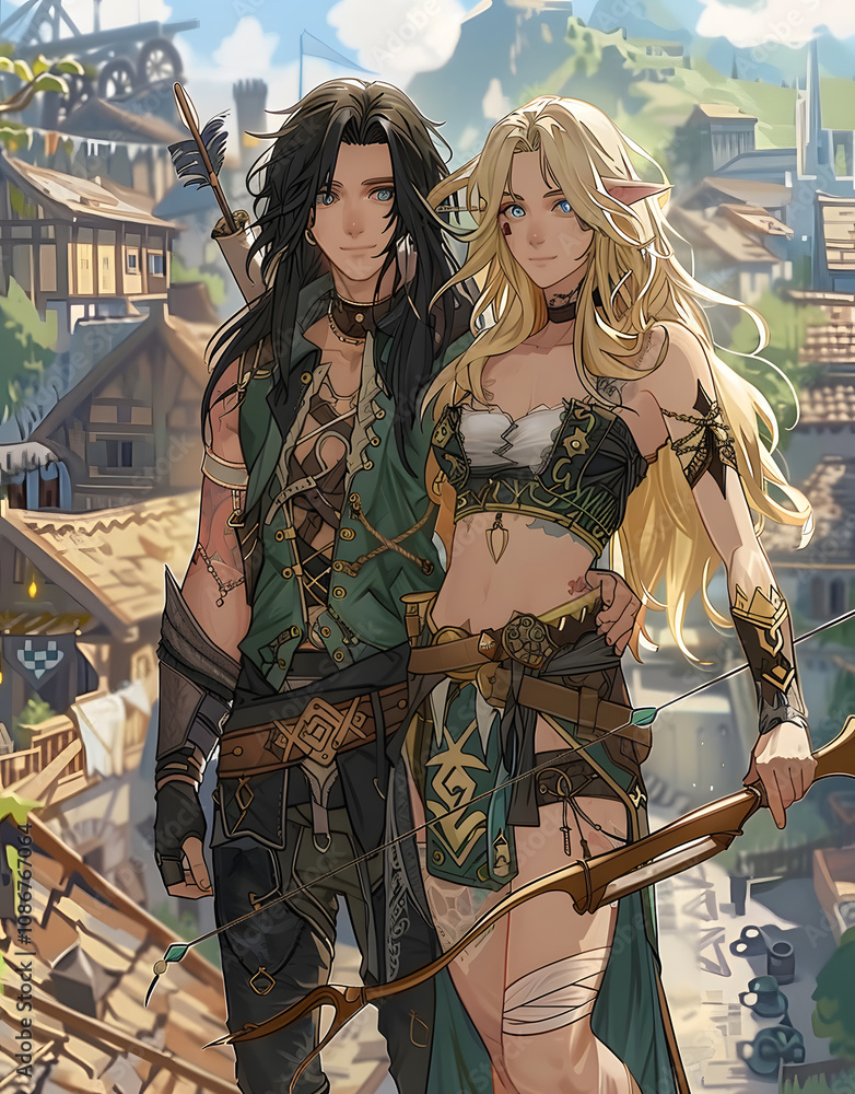 Obraz premium A young elf couple stands atop a market building overlooking a medieval city, Generative AI