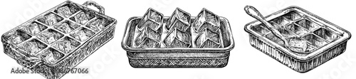 Flat illustration of ice tray, empty freezing container, and icebox with gaps, holes for making icecubes. Plastic box, freezer tool.