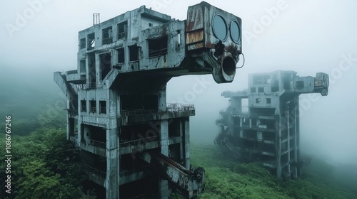 abandoned industrial city covered in fog, with broken machinery and overgrown vegetation