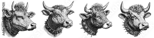 A punk cow with a spiked mohawk, piercings, and a studded collar for a rebellious look. Ai raster illustration. Black and white.