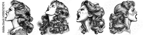 A woman with a bold hairstyle screams with intense emotion, a punk attitude in a black and white sketch engraving illustration derived from a generative AI raster.