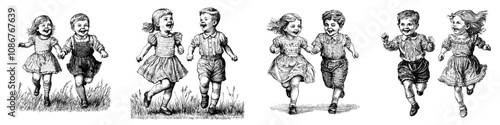 An illustration of cheerful children running with open arms, capturing the essence of carefree childhood. Scratch board imitation.