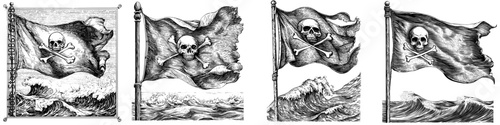 Pirate flag with skull and crossbones waved over turbulent ocean waves. Ai raster sketch engraving shows stars filling the night sky. Scratch board interference.