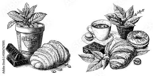 The image contains an assortment of baked goods, including breads, croissants, cupcakes, and pies, based on a sketch engraving derived from generative Ai raster illustration. It looks like a scratch