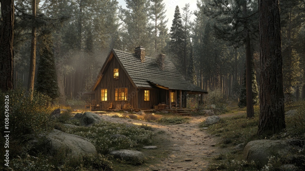 Cozy wooden cabin glowing warmly in a serene forest, surrounded by tall pines and a dirt path under a soft evening light.